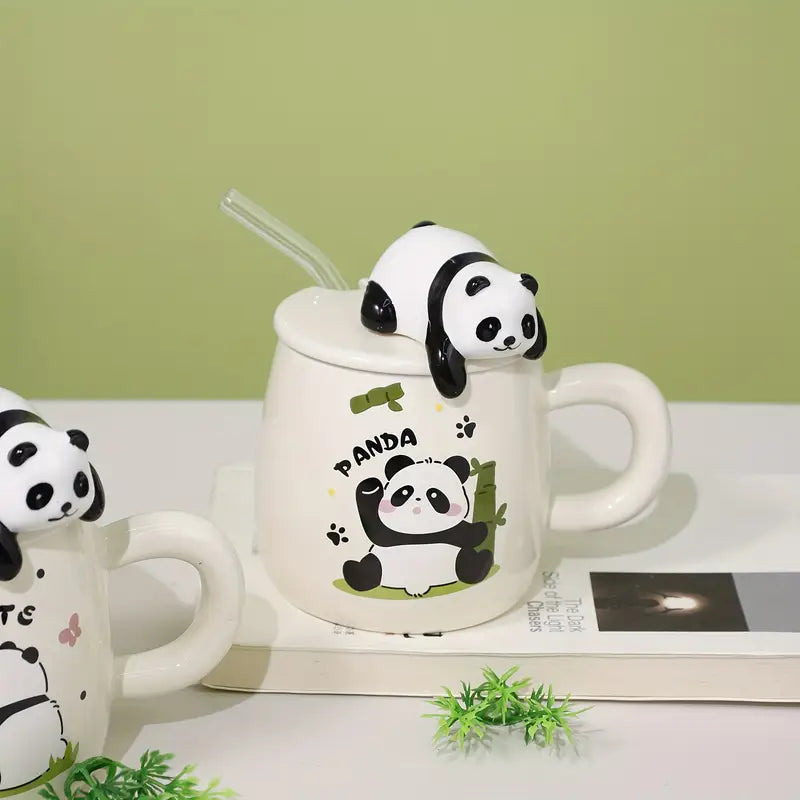 Ceramic Panda Pattern Mug With Straw