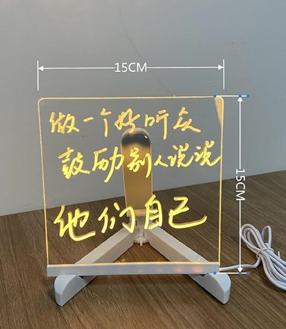 3D Acrylic LED Message Board, LED Message Board with Pen, led Writing Board, Acrylic Dry Erase Board with 12 Pen & tripod Stand for Note/Message - 15 x 15 cm (small size)