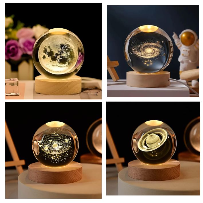 3D Galaxy Crystal Ball Night Light – Cosmic Elegance for Every Space Dimmable Engraved LED Glass Ball Table Lamp with USB Pack of 2(Random Designs)