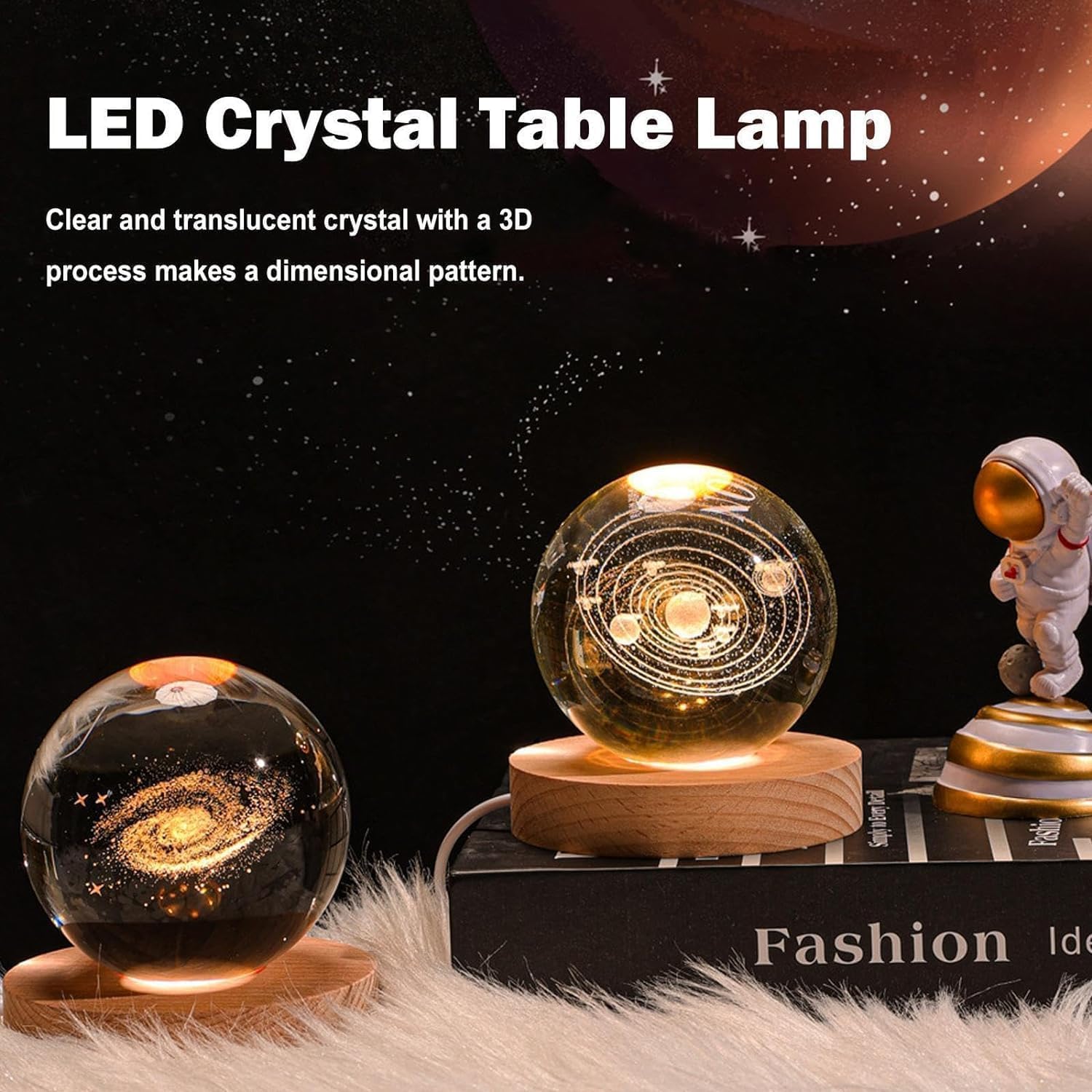3D Galaxy Crystal Ball Night Light – Cosmic Elegance for Every Space Dimmable Engraved LED Glass Ball Table Lamp with USB Pack of 2(Random Designs)